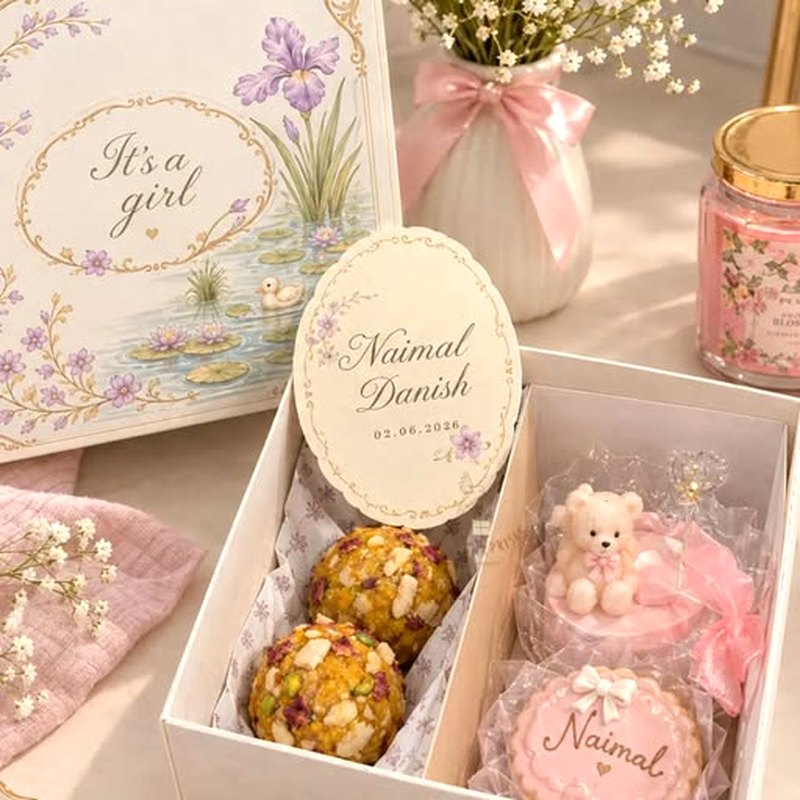 Open keepsake box with mithai, a personalised name card and a teddy candle